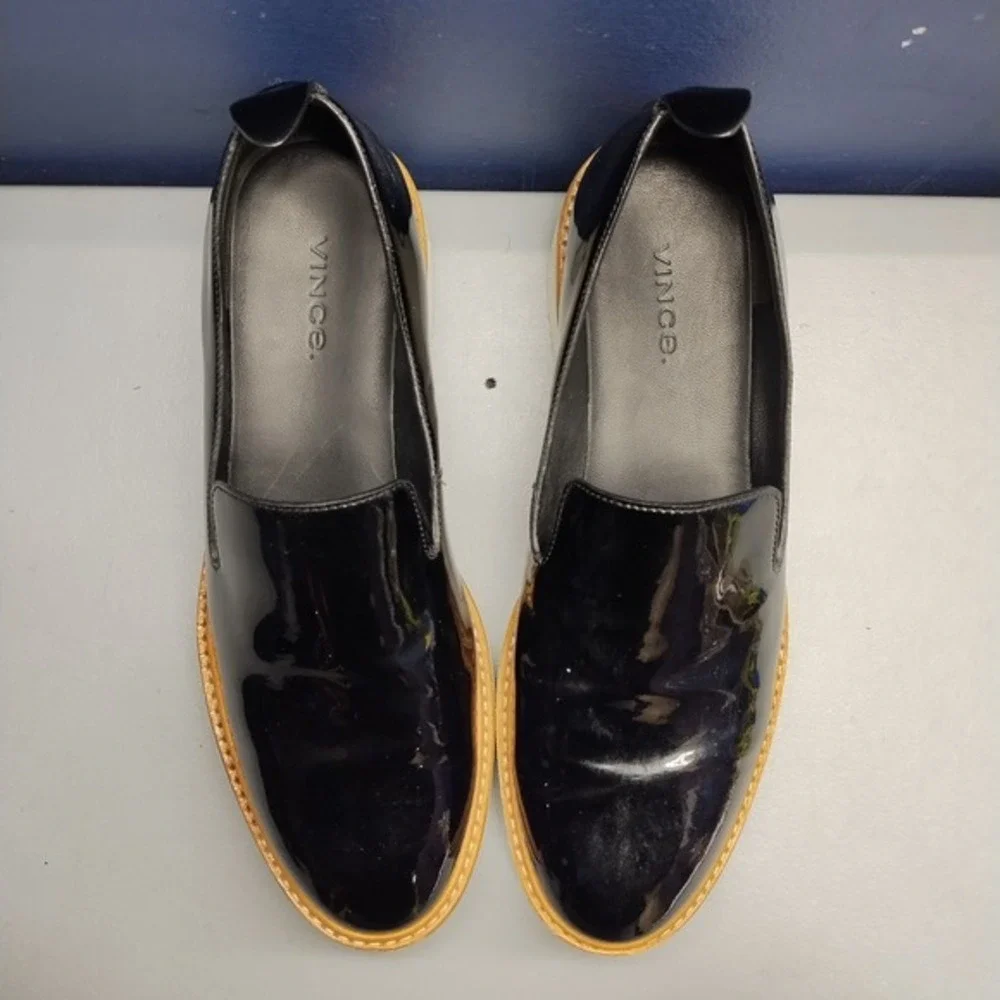 Vince Sanders Platform Sneakers Women US 6.5M Black White Patent Leather Slip On